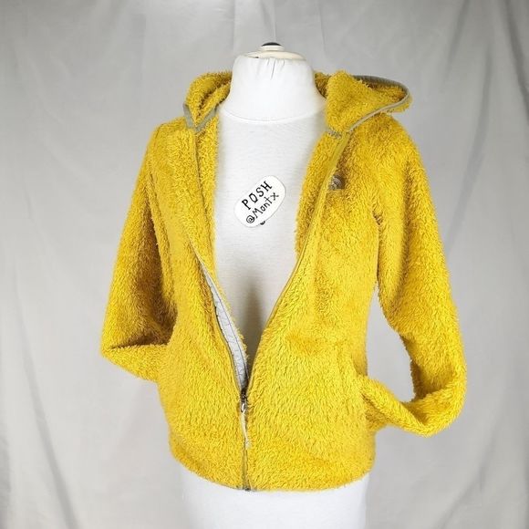 North Face hooded sweatshirt teddy bear fuzzy hoodie yellow gray half dome small - Picture 8 of 16